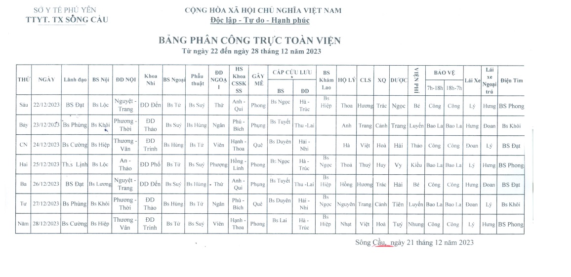 Lịch trực từ ngày 22/12/2023 đến 28/12/2023